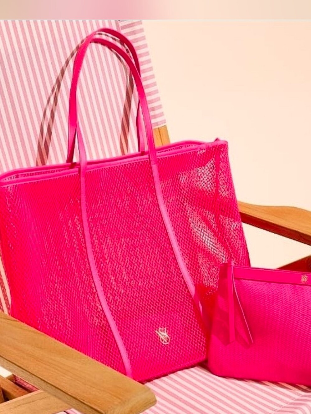Victoria's Secret Vibrant Pink Mesh Tote with Matching Pouch